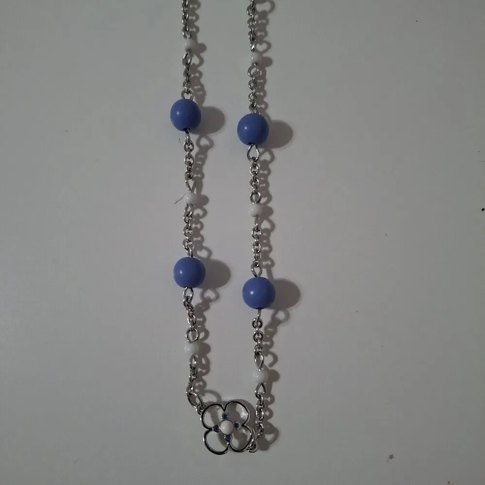 Blue Beaded White Rhinestone Flower Silver Tone Chain Long Strand Necklace